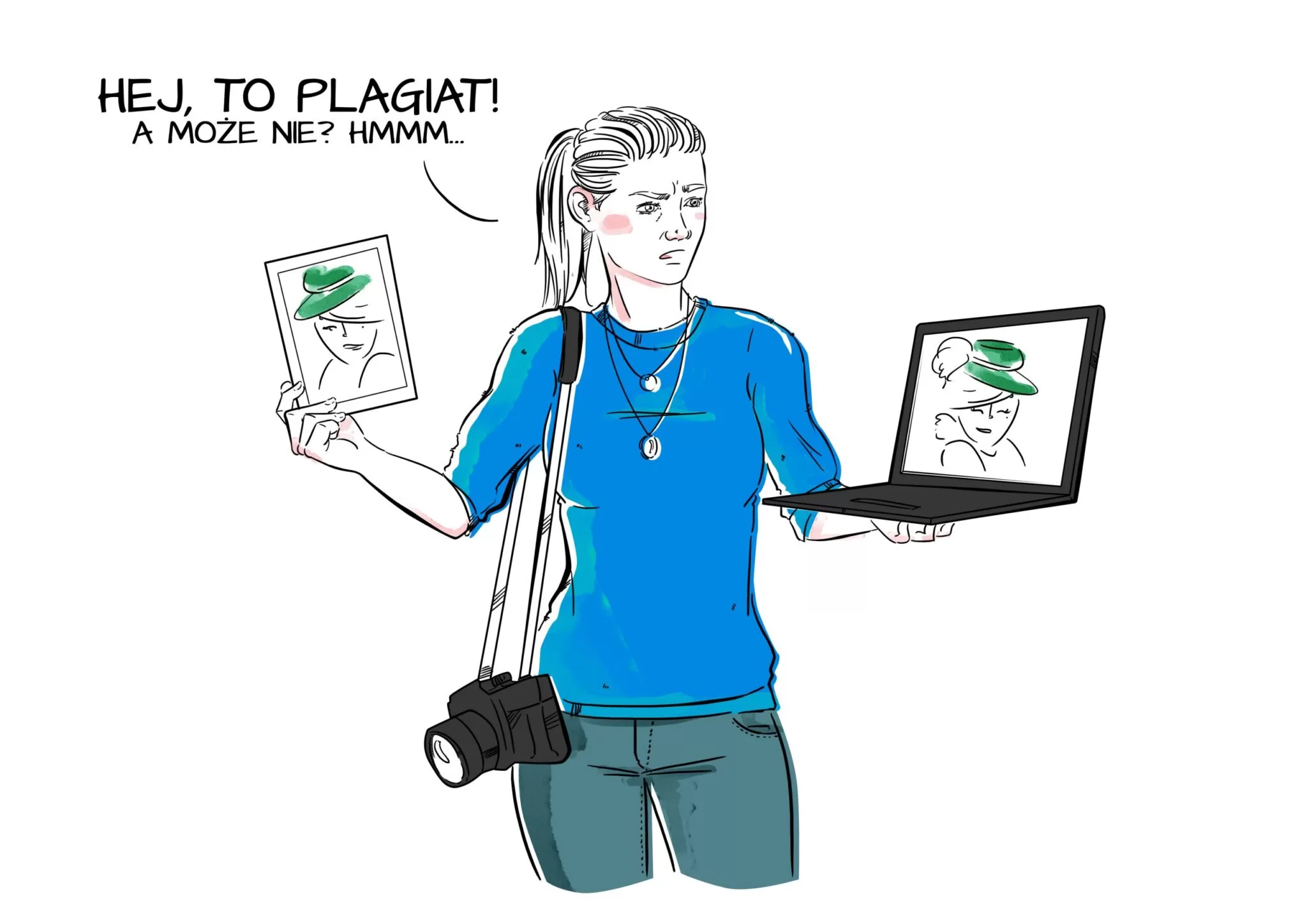 Ilustracja: Hej, to plagiat - a może nie? Kobieta porównuje swoją pracę z inspiracją