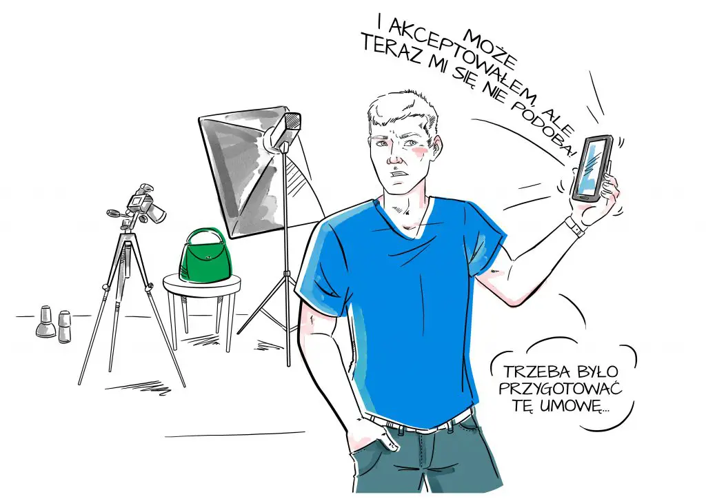 Ilustracja: Akceptowałem umowę, ale teraz mi się nie podoba - mężczyzna z telefonem i nieprzygotowaną umową